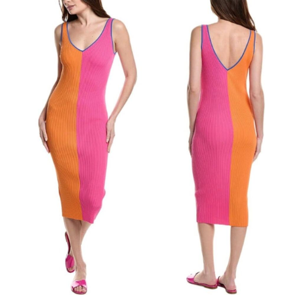 NEW Staud Dana Colorblock Rib Bodycon Midi Dress Magenta/Tangerine/Royal Size XS